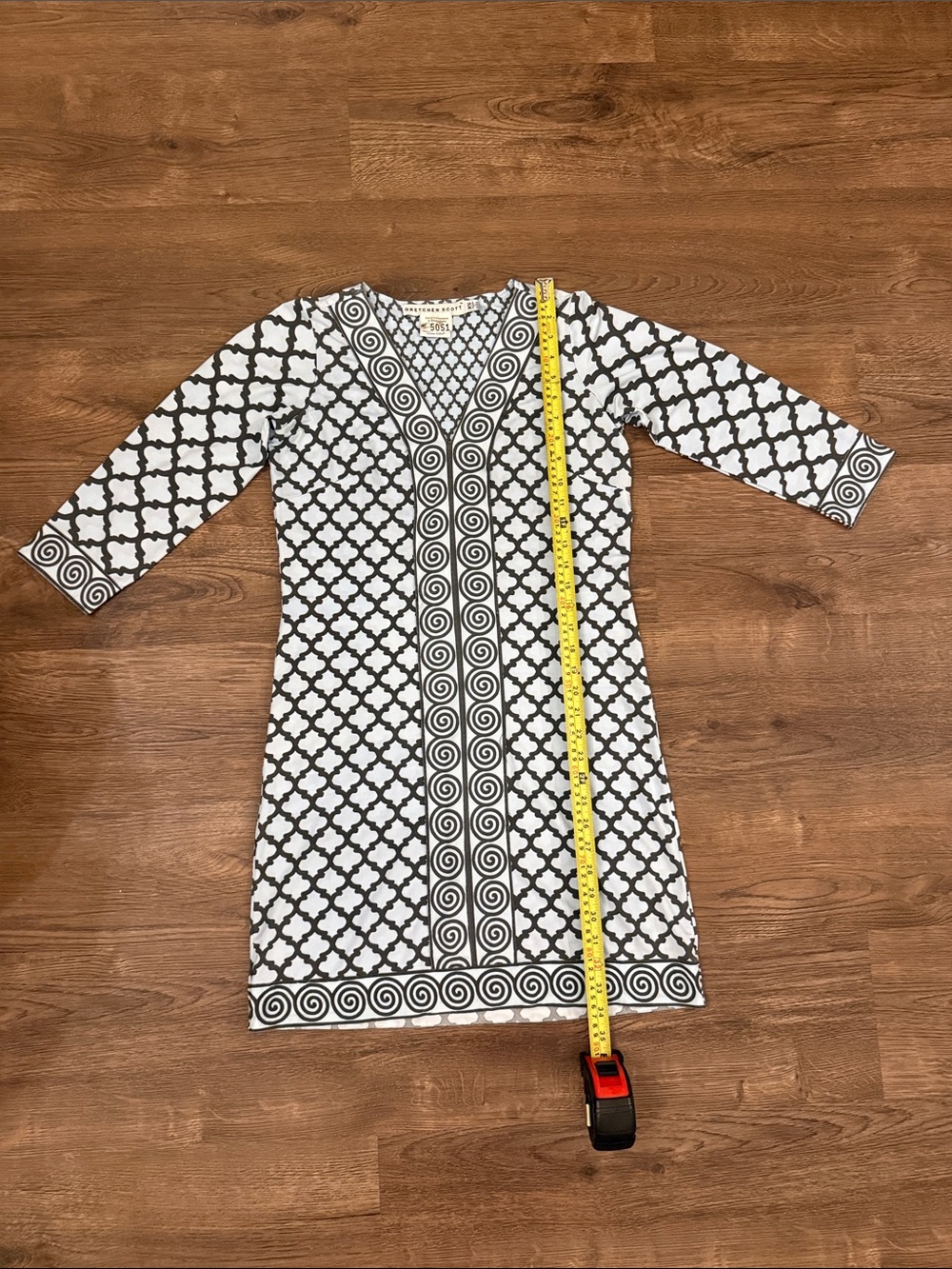 Gretchen Scott Designs blue and gray grey Geometric Border V-Neck Dress